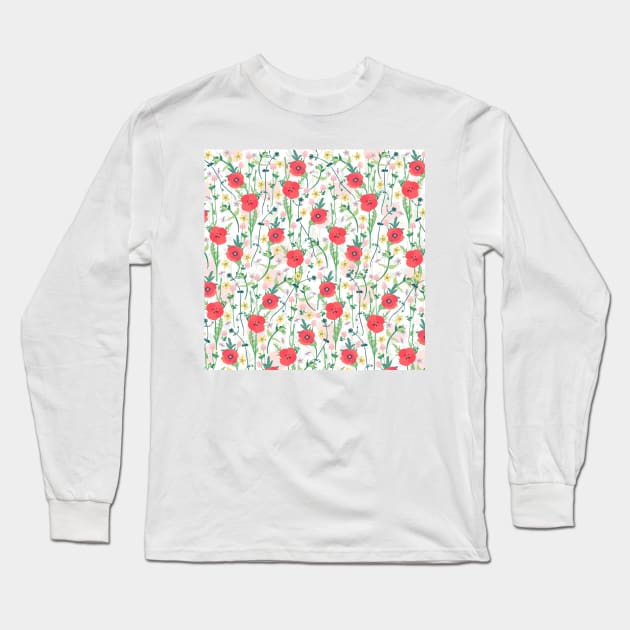 Summer Meadow Floral Nature Illustration Long Sleeve T-Shirt by NdesignTrend
